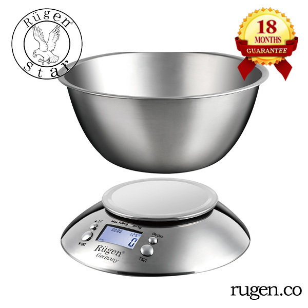 ترازو آشپزخانه دیجیتال RUEGEN RU-5010 با بدنه استیل ضدزنگ و صفحه نمایش LCD، مناسب آشپزی و شیرینی‌پزی دقیق